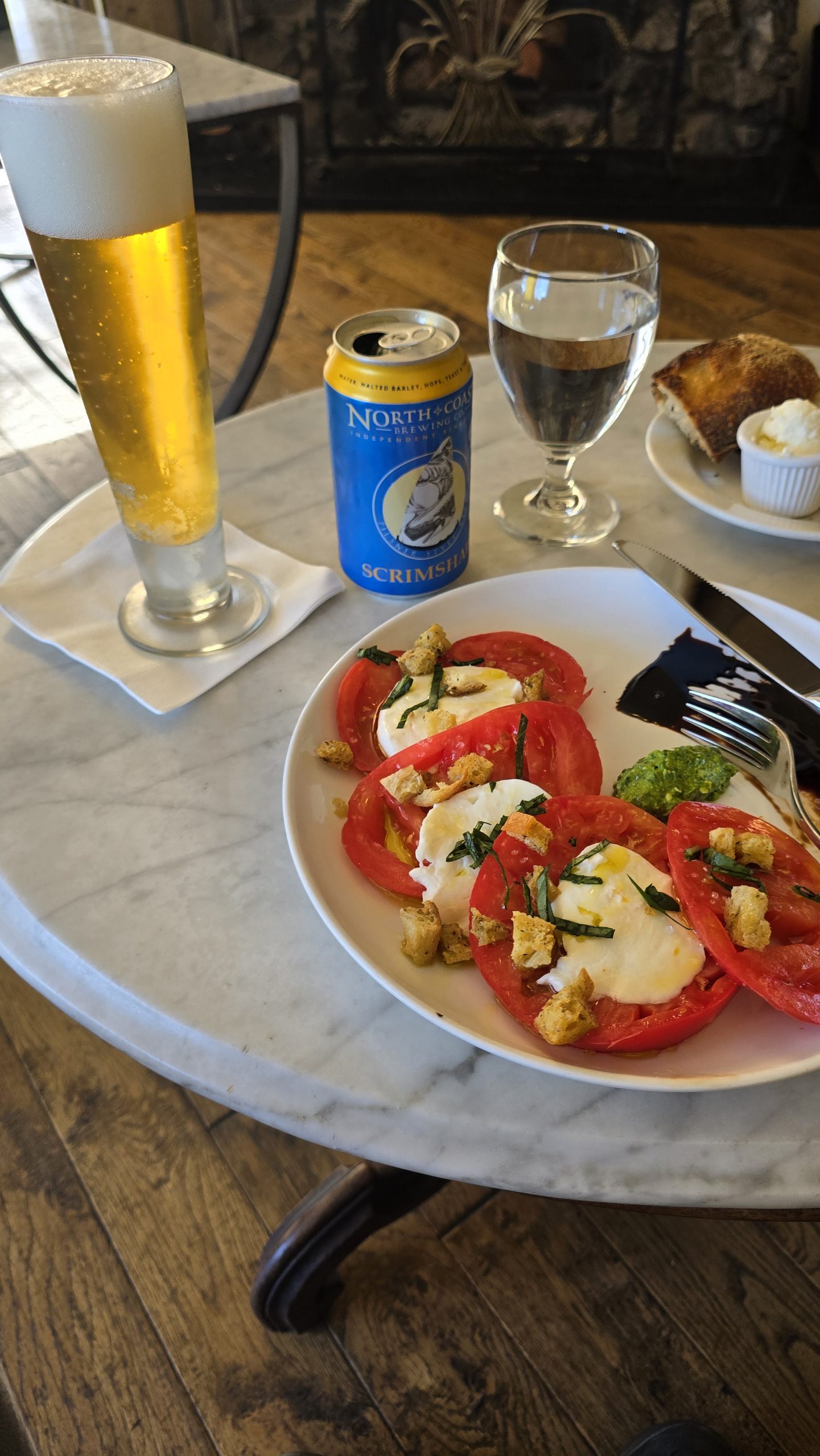 Heirloom Caprise Salad and a Scrimshaw in a Victorian hotel lobby.